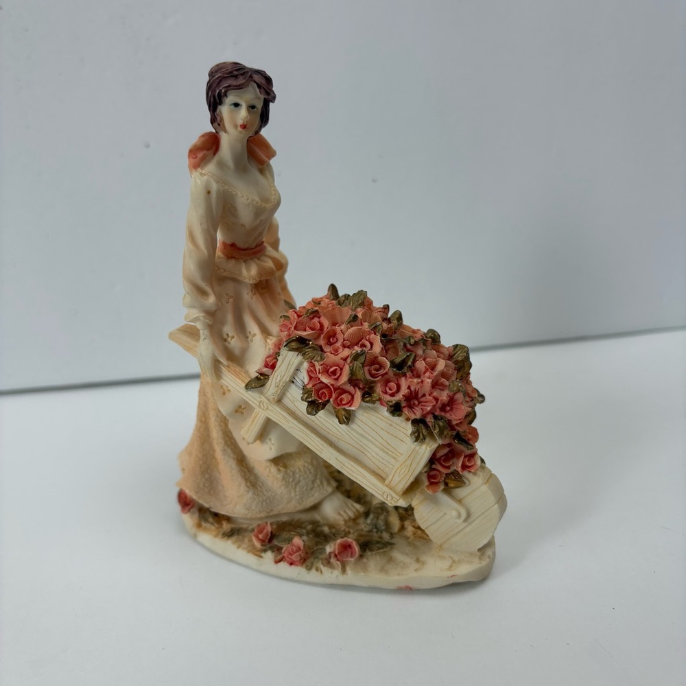 Vintage Pink and Cream Flower Girl Figurine Wheelbarrow Wagon Figure Woman